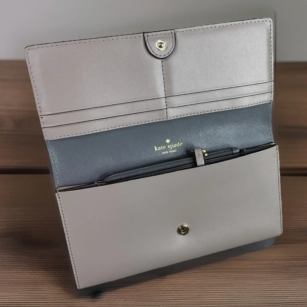 Kate Spade Wallet Clutch Bifold Leather Organizer Taupe Coin Smooth